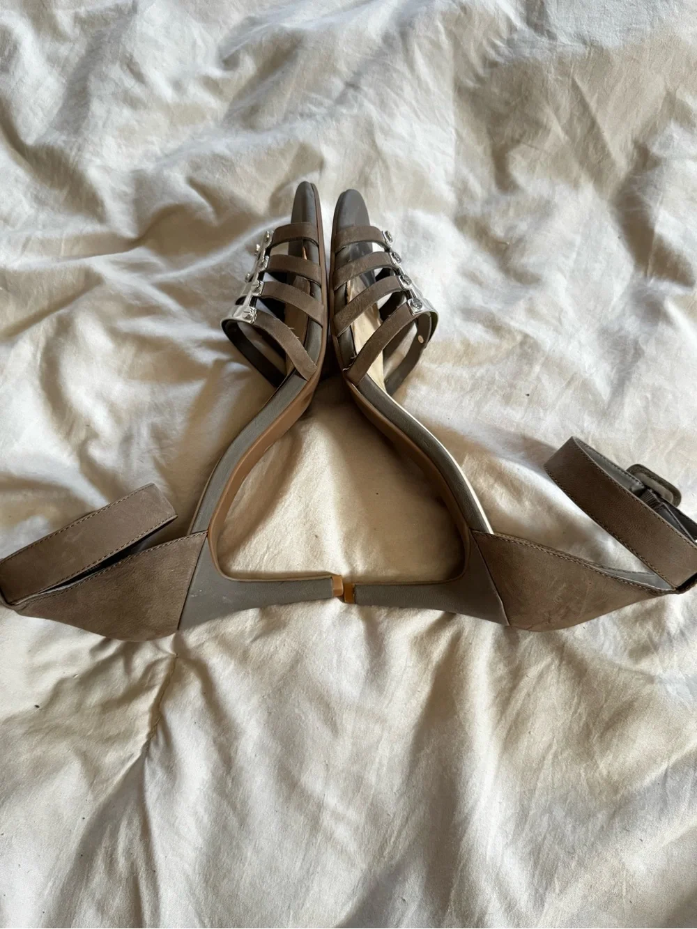 Jessica Simpson Taupe Brown Strappy Heels with Silver Plating